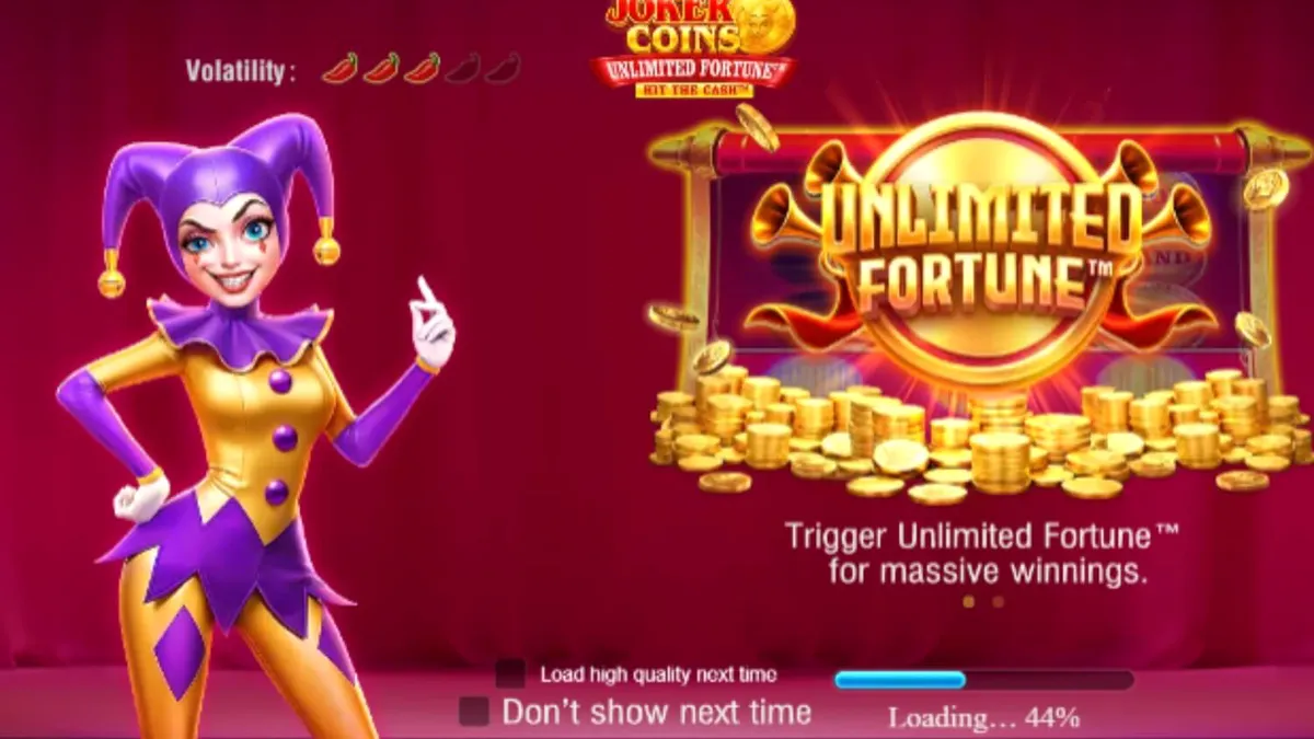 Tampilan visual mesin slot Joker Coins Unlimited Fortune dengan simbol buah dan koin emas