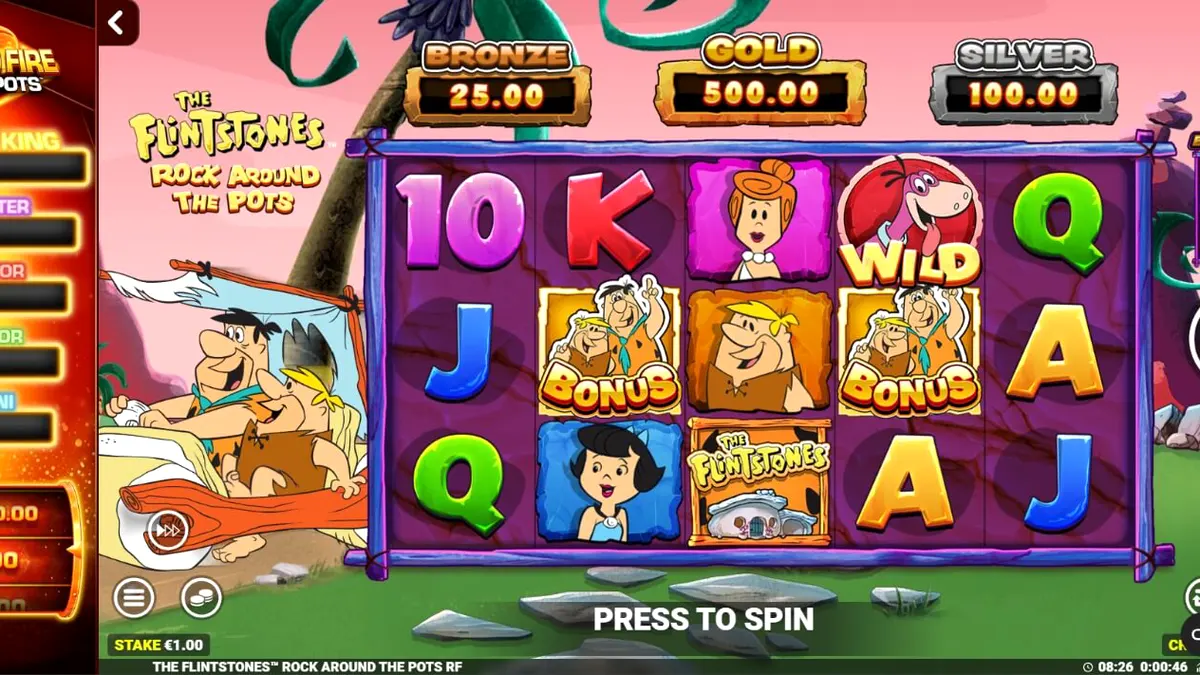 Tampilan visual slot The Flintstones: Rock Around The Pots dengan karakter ikonik Fred dan Barney.